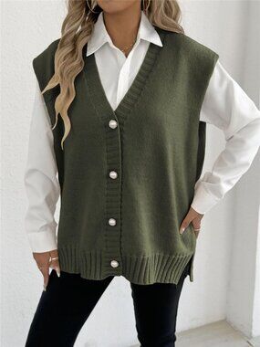 V-Neck Button-Front Knit Sweater Vest